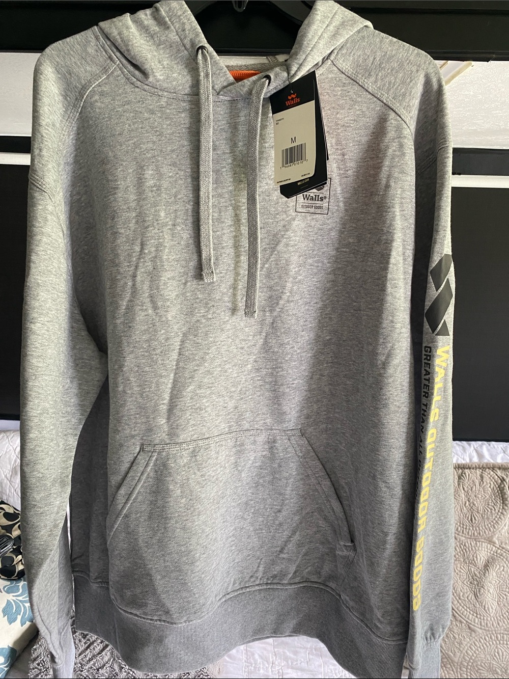 Walls Men’s Heather Gray Hoodie with Yellow Sleeve Accent
